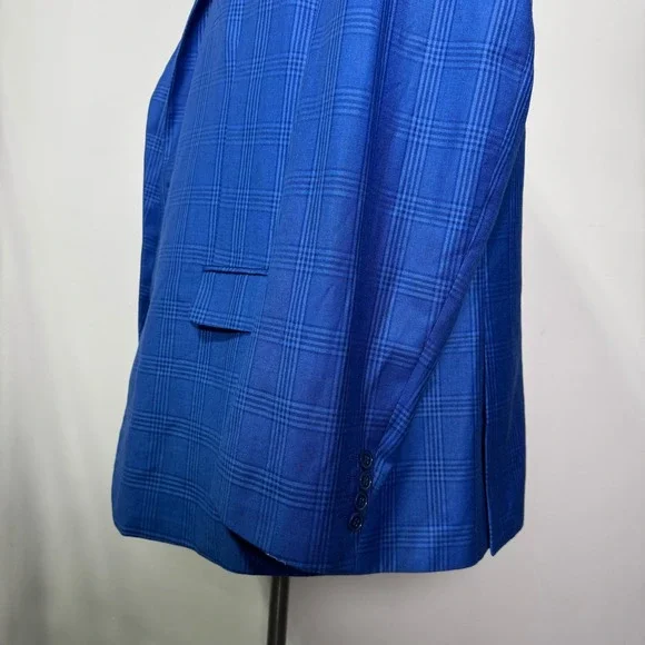 Dominique Wilkins Suit Mens 52R 47W Blue Plaid Super 120s Peak Lapel 2-Piece